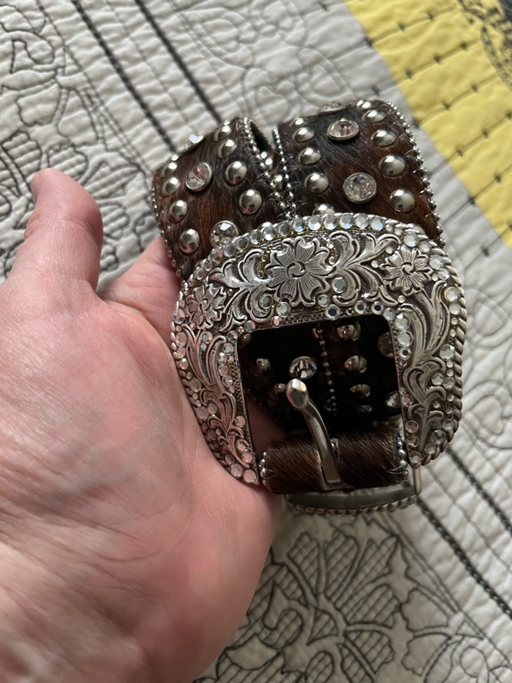 Beautiful Women’s Western Leather Calf Hair & Studded Rhinestone Belt